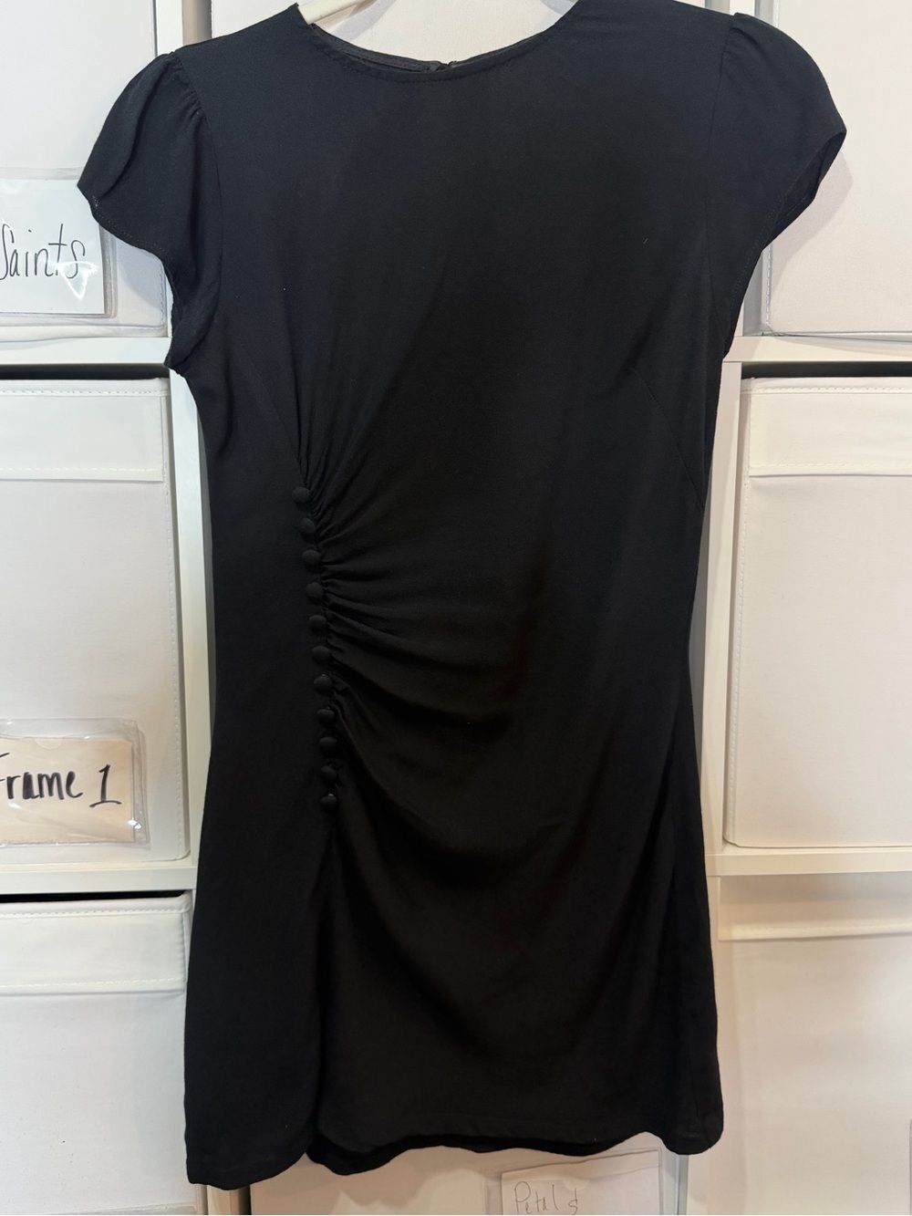 Reformation Selena Black Mini Dress Ruched Side Slit Short Sleeve - Picture 7 of 8